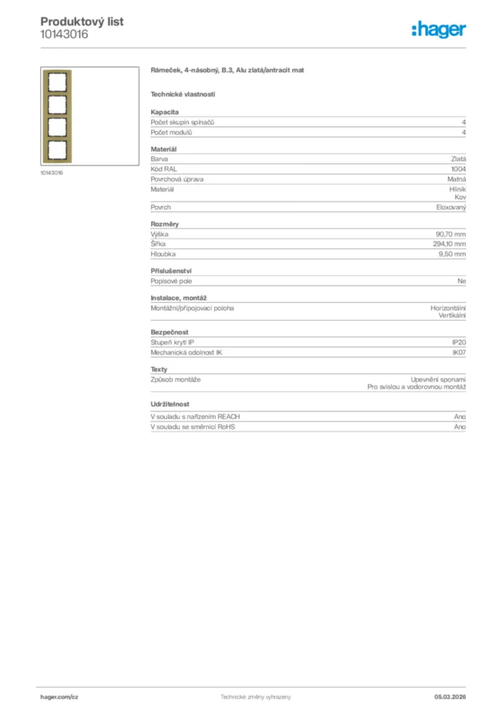 Obrázek Hager Product data sheet 10143016 | Hager