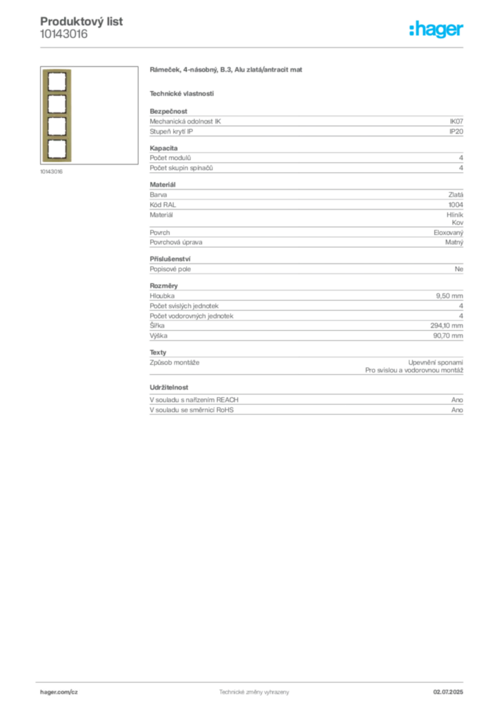 Obrázek Hager Produktový list 10143016 | Hager