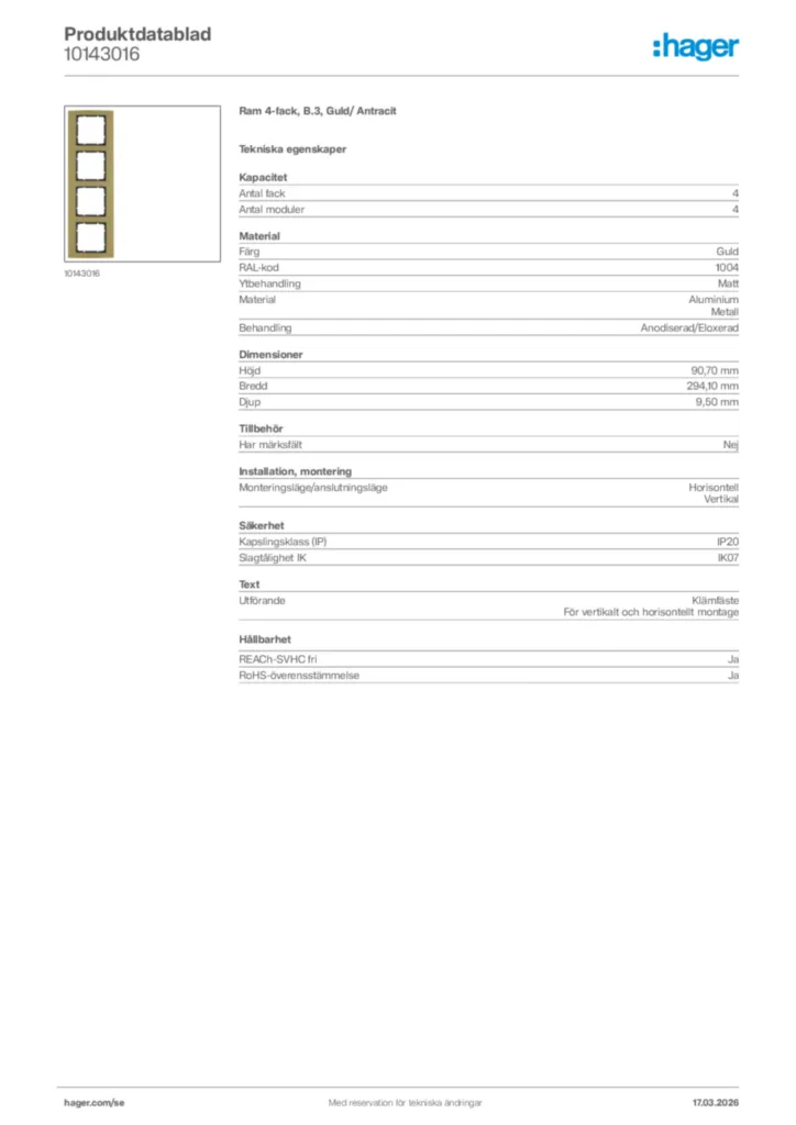 Bild Hager Produktdatablad 10143016 | Hager Sverige
