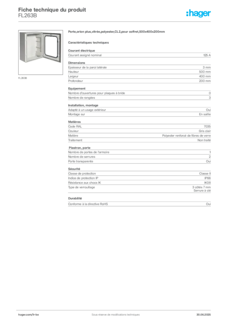 Image Hager Fiche technique du produit FL263B | Hager Belgique