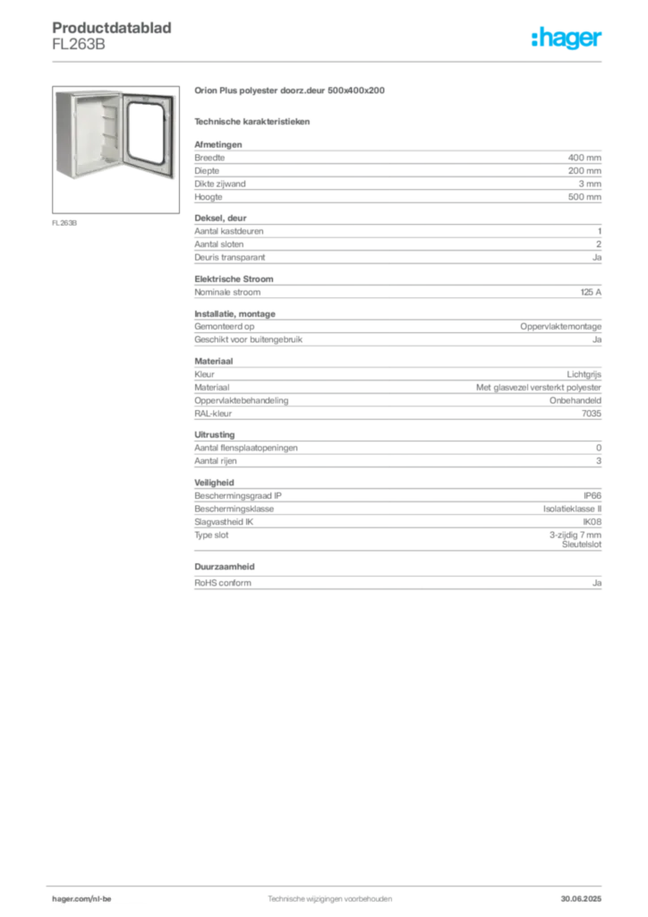 Afbeelding Hager Productdatablad FL263B | Hager Belgium