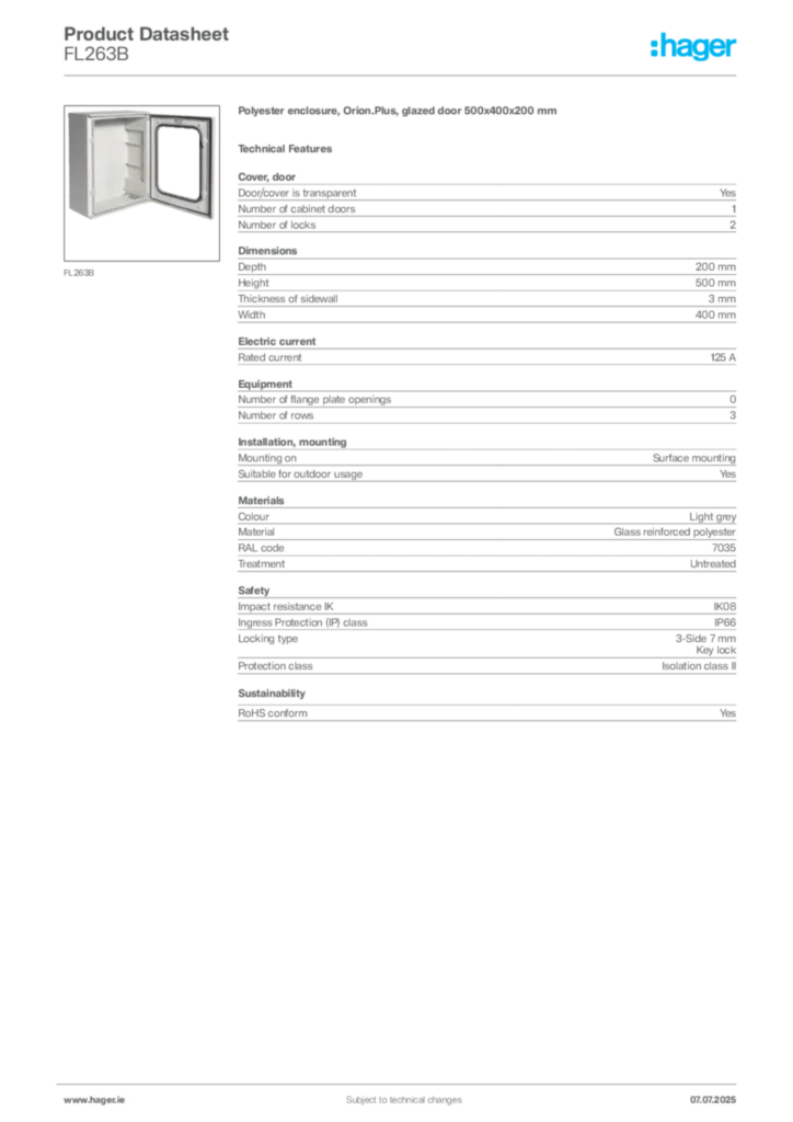 Image Hager Product data sheet FL263B  | Hager