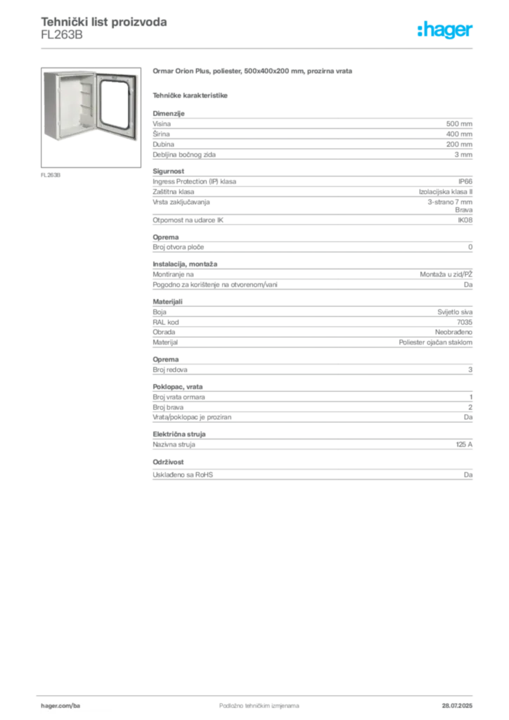 Slika Hager Product data sheet FL263B  | Hager