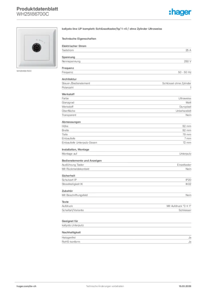 Bild Hager Produktdatenblatt WH25186700C | Hager Schweiz