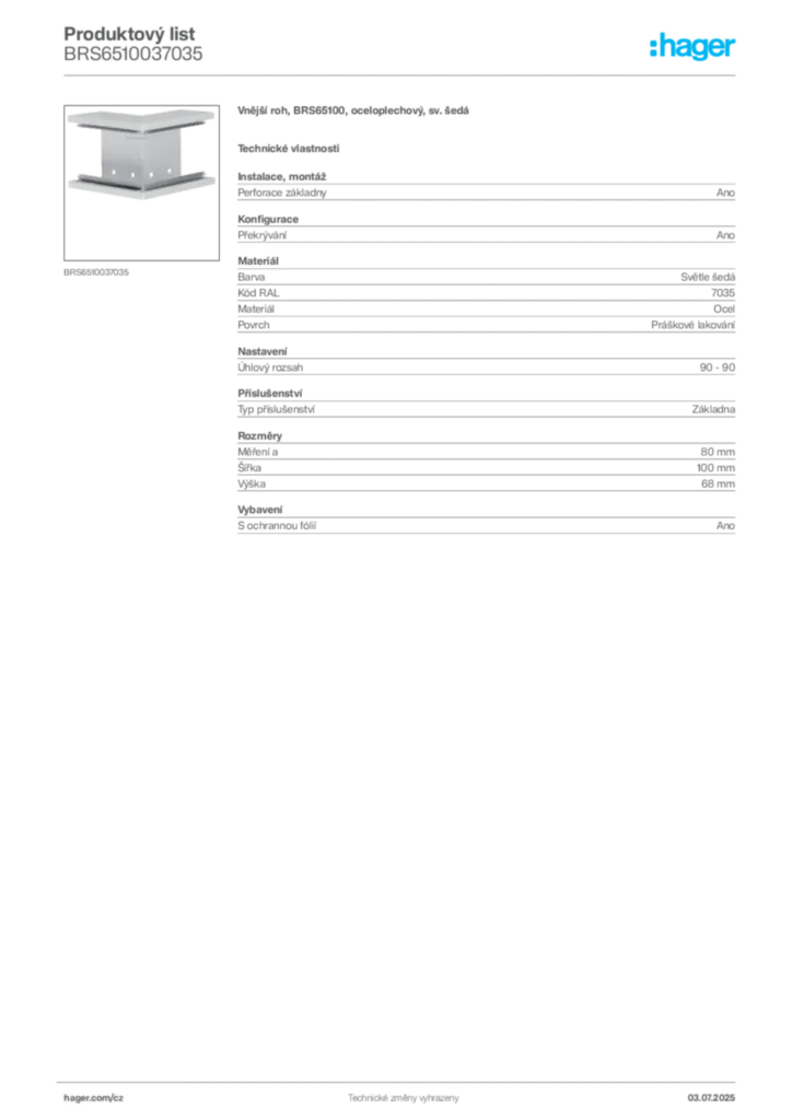 Obrázek Hager Produktový list BRS6510037035 | Hager