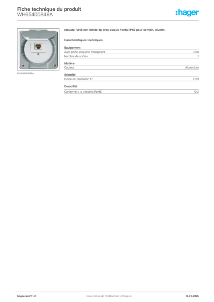 Image Hager Fiche technique du produit WH65400849A | Hager Suisse