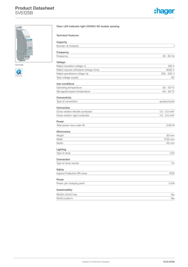 Image Hager Product data sheet SVS125B  | Hager Africa