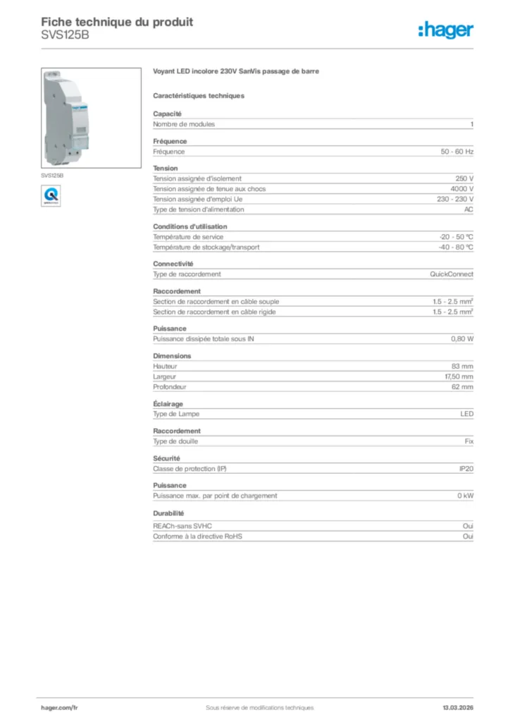 Image Hager Fiche technique du produit SVS125B | Hager France
