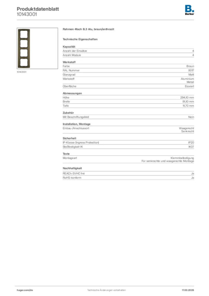 Bild Berker Produktdatenblatt 10143001 | Hager Deutschland