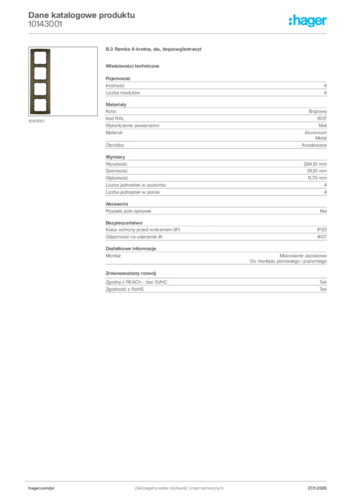 Zdjęcie Hager Karta katalogowa 10143001 | Hager Polska