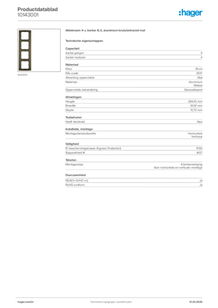 Afbeelding Hager Productdatablad 10143001 | Hager Nederland