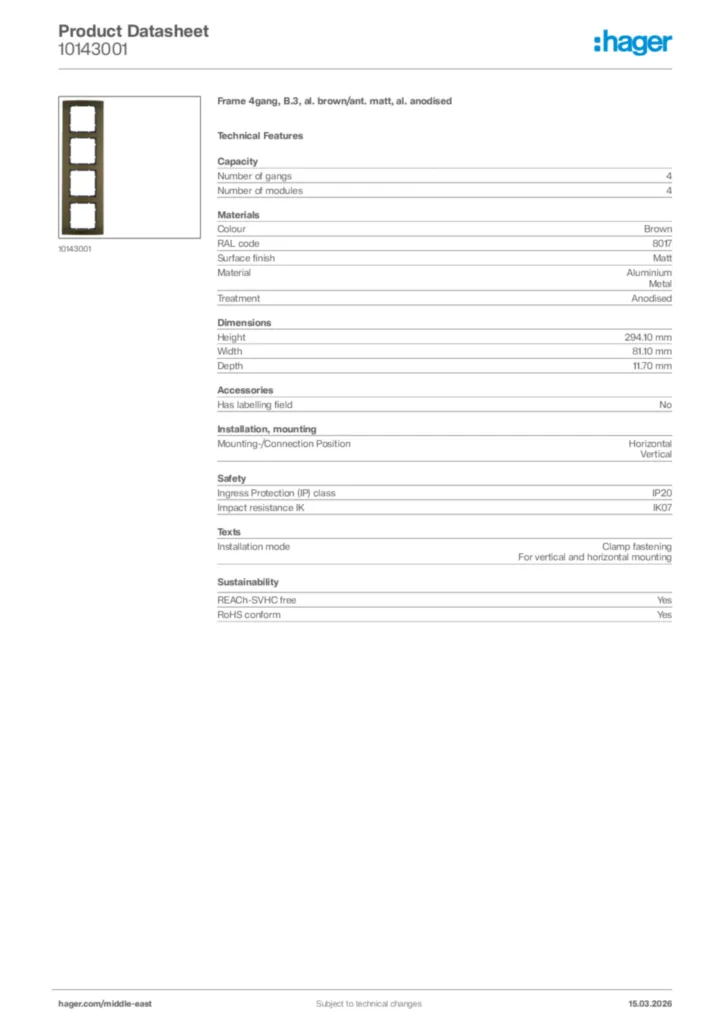 Image Hager Product data sheet 10143001  | Hager