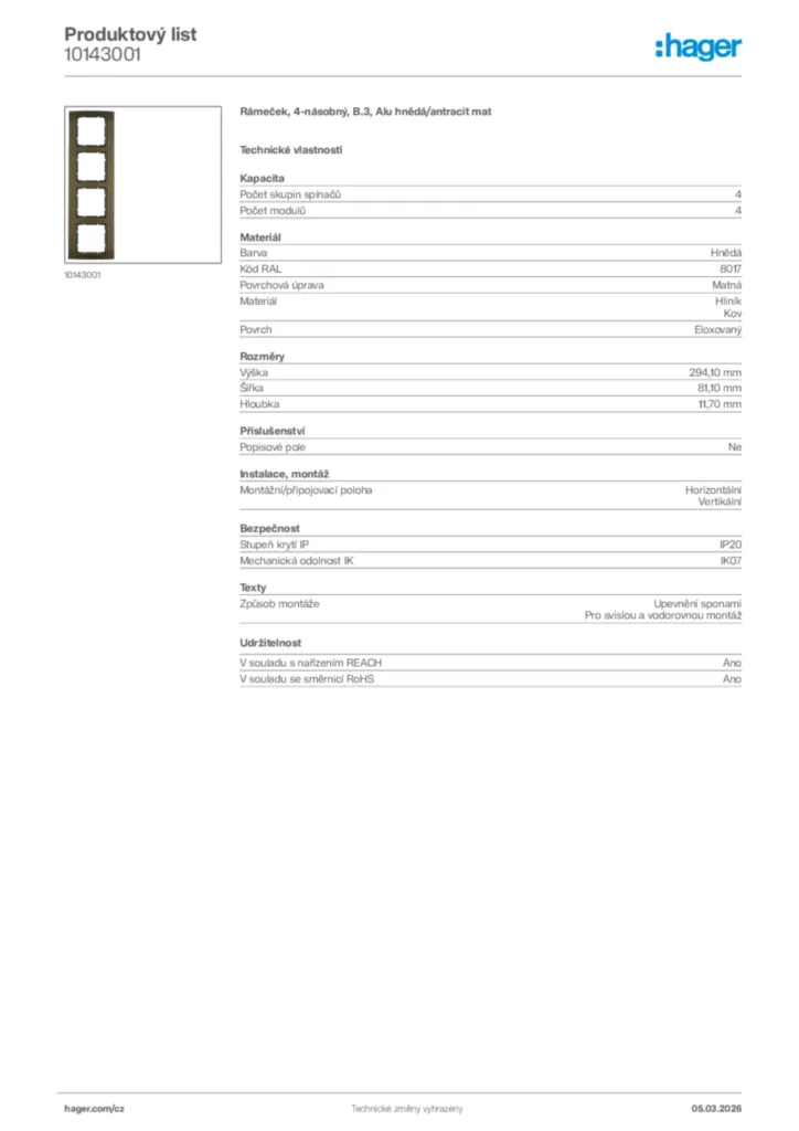 Obrázek Hager Product data sheet 10143001 | Hager