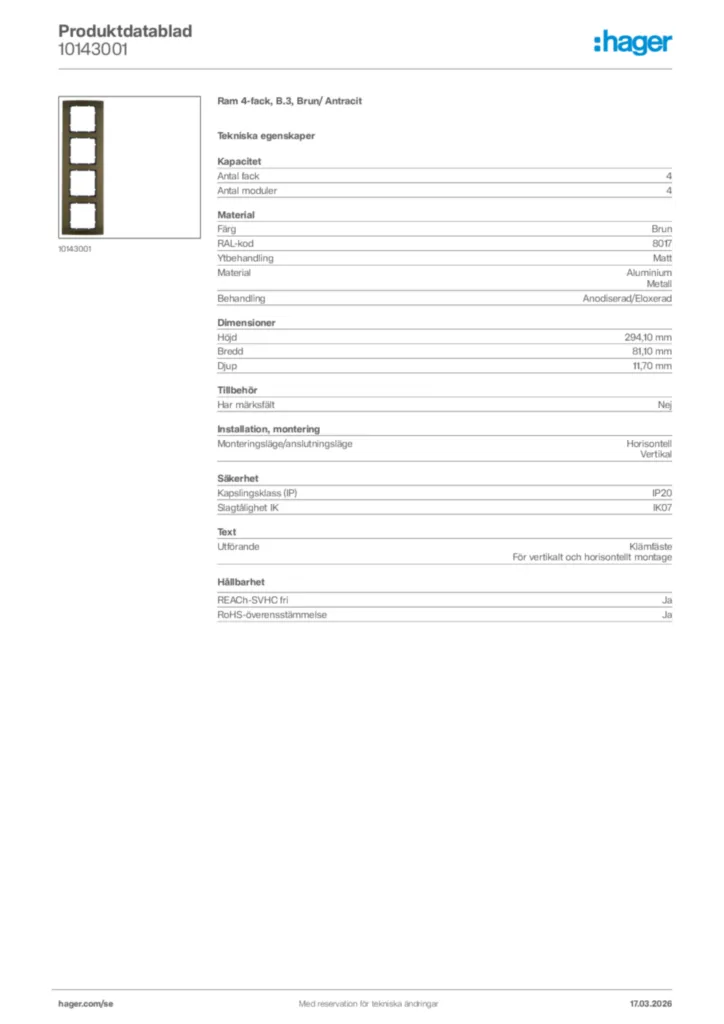 Bild Hager Produktdatablad 10143001 | Hager Sverige