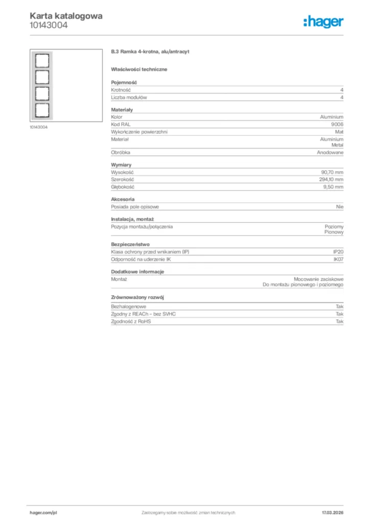 Zdjęcie Hager Karta katalogowa 10143004 | Hager Polska