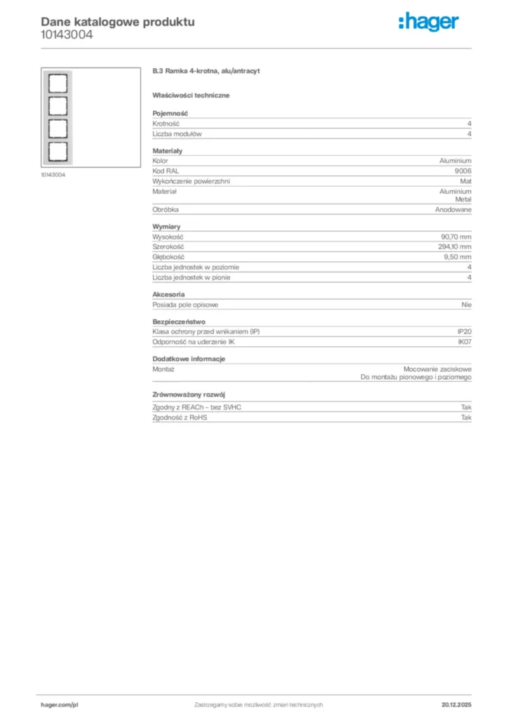 Zdjęcie Hager Karta katalogowa 10143004 | Hager Polska