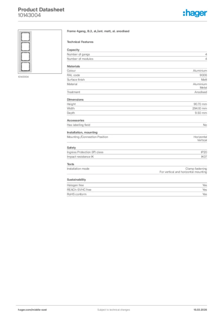 Image Hager Product data sheet 10143004  | Hager