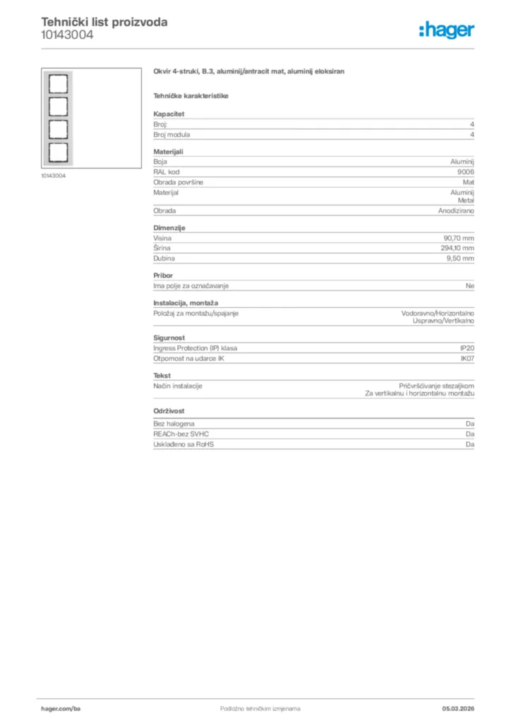 Slika Hager Tehnički list proizvoda 10143004  | Hager