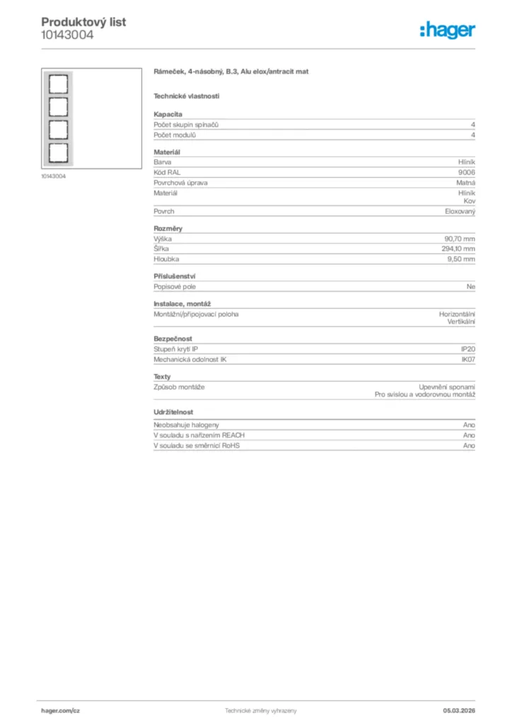 Obrázek Hager Product data sheet 10143004 | Hager