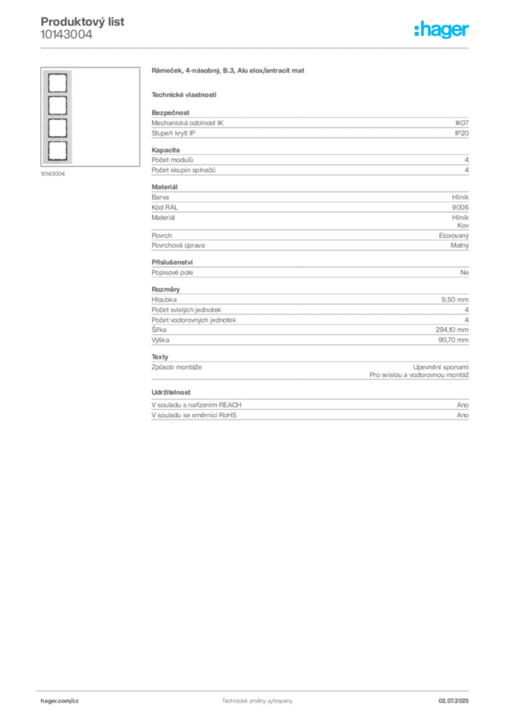 Obrázek Hager Produktový list 10143004 | Hager