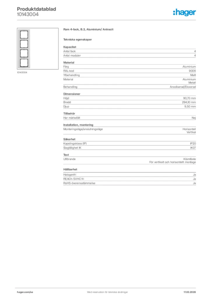 Bild Hager Produktdatablad 10143004 | Hager Sverige