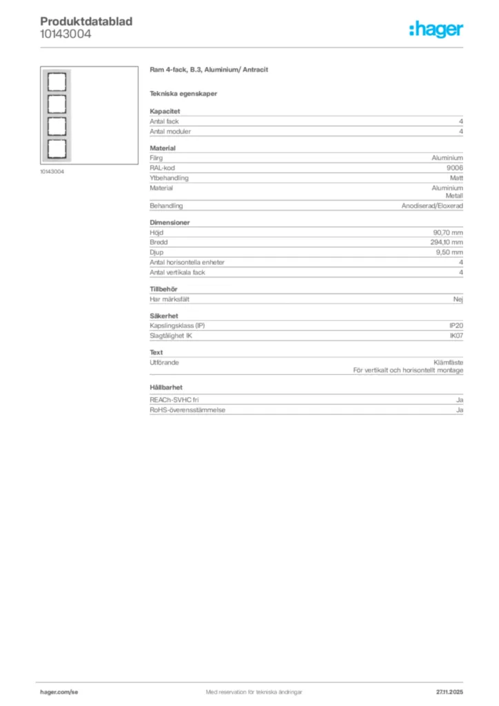 Bild Hager Produktdatablad 10143004 | Hager Sverige