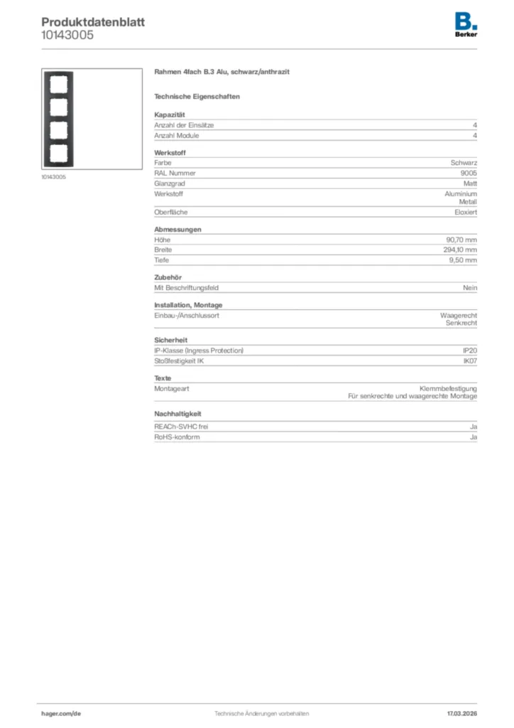Bild Berker Produktdatenblatt 10143005 | Hager Deutschland