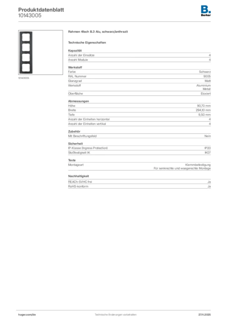 Bild Berker Produktdatenblatt 10143005 | Hager Deutschland