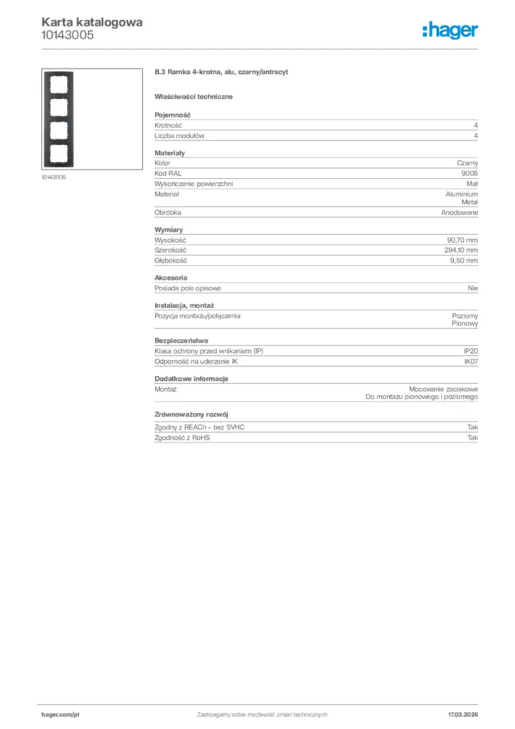 Zdjęcie Hager Karta katalogowa 10143005 | Hager Polska