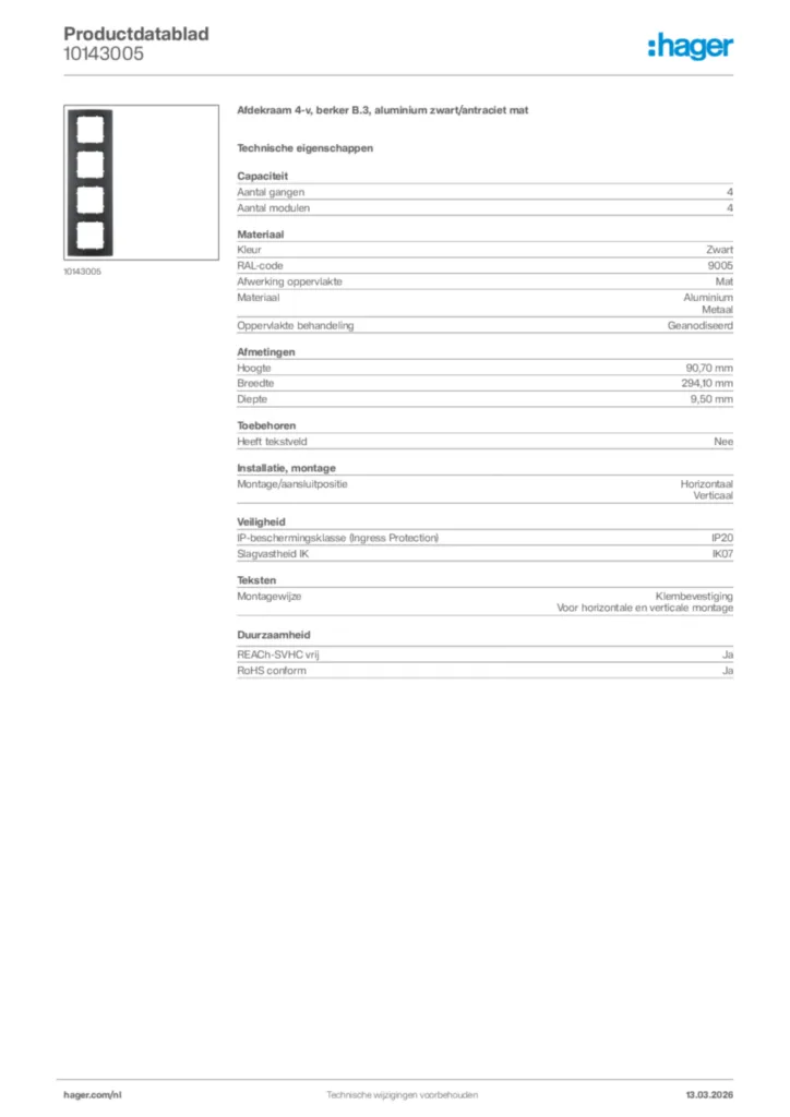 Afbeelding Hager Productdatablad 10143005 | Hager Nederland