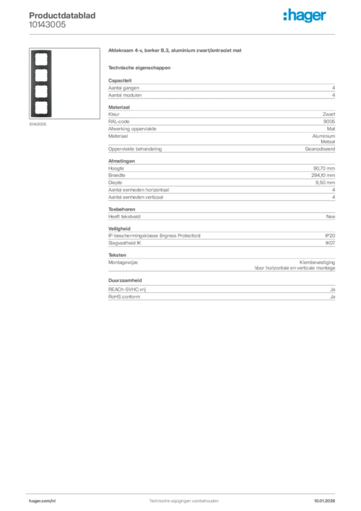 Afbeelding Hager Productdatablad 10143005 | Hager Nederland
