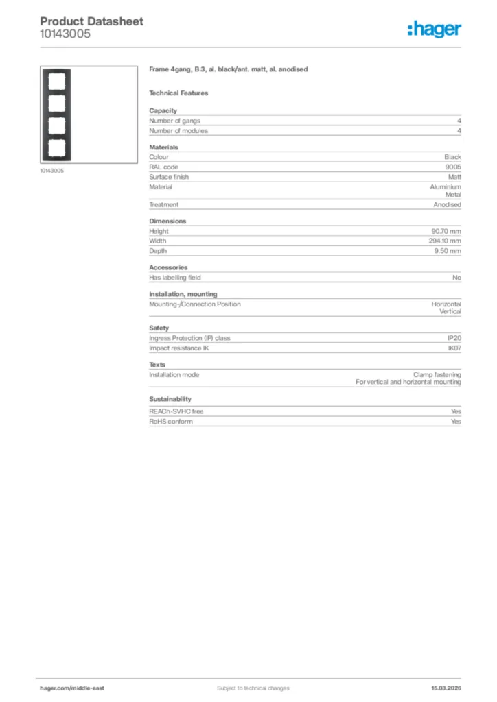 Image Hager Product data sheet 10143005  | Hager