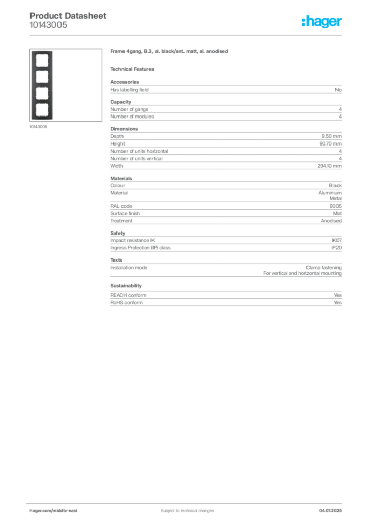 Image Hager Product data sheet 10143005  | Hager