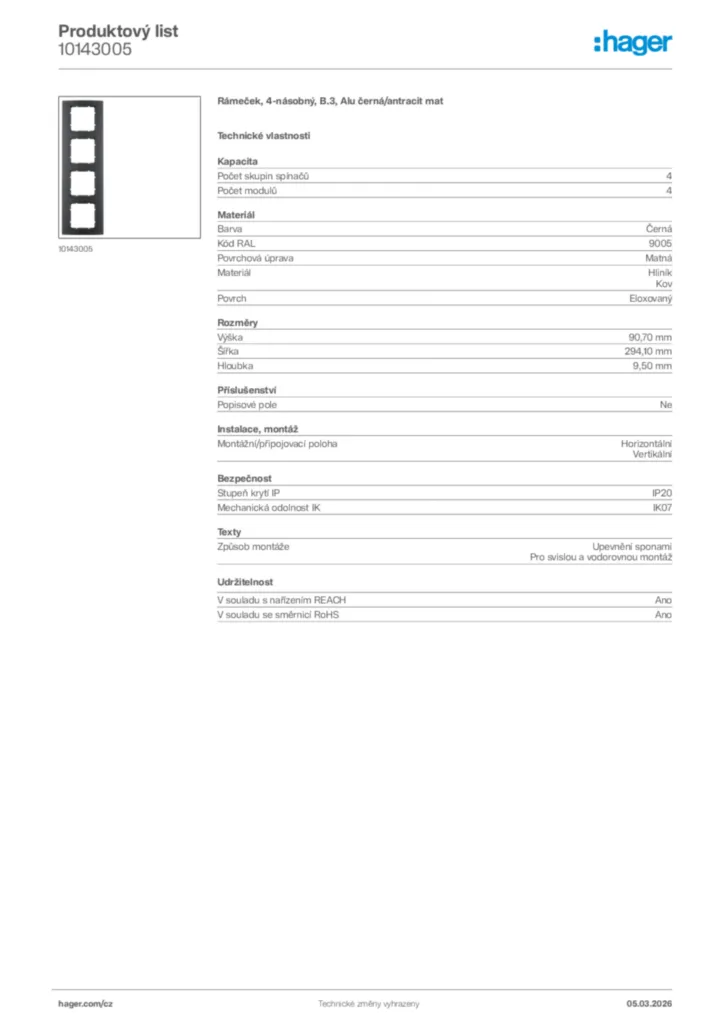 Obrázek Hager Product data sheet 10143005 | Hager