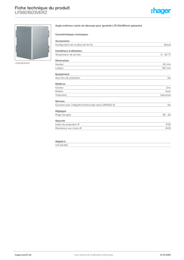 Image Hager Fiche technique du produit LFS601503VERZ | Hager Belgique
