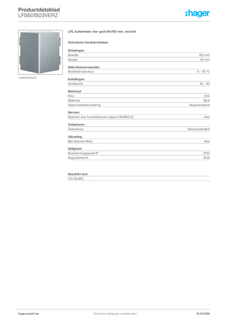 Afbeelding Hager Productdatablad LFS601503VERZ | Hager Belgium