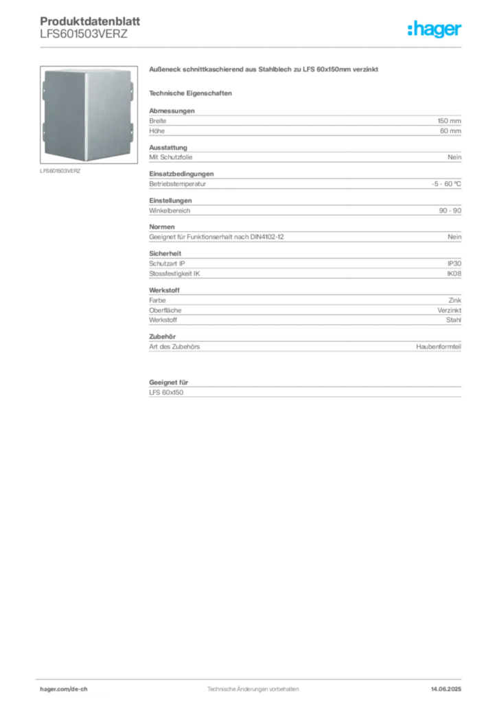 Bild Hager Produktdatenblatt LFS601503VERZ | Hager Schweiz