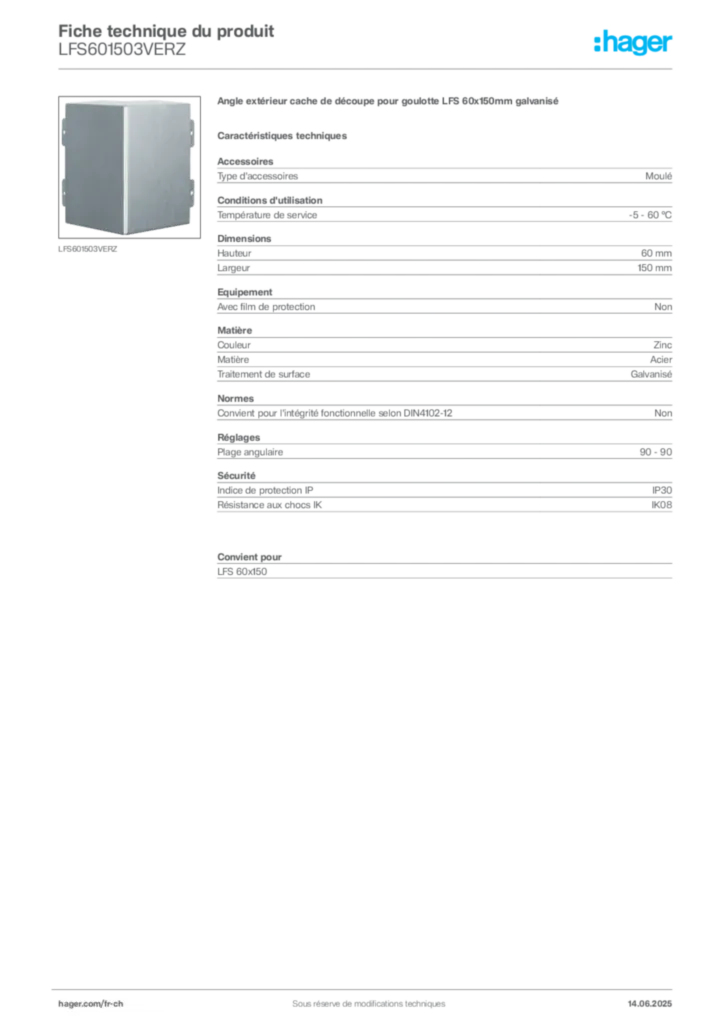 Image Hager Fiche technique du produit LFS601503VERZ | Hager Suisse