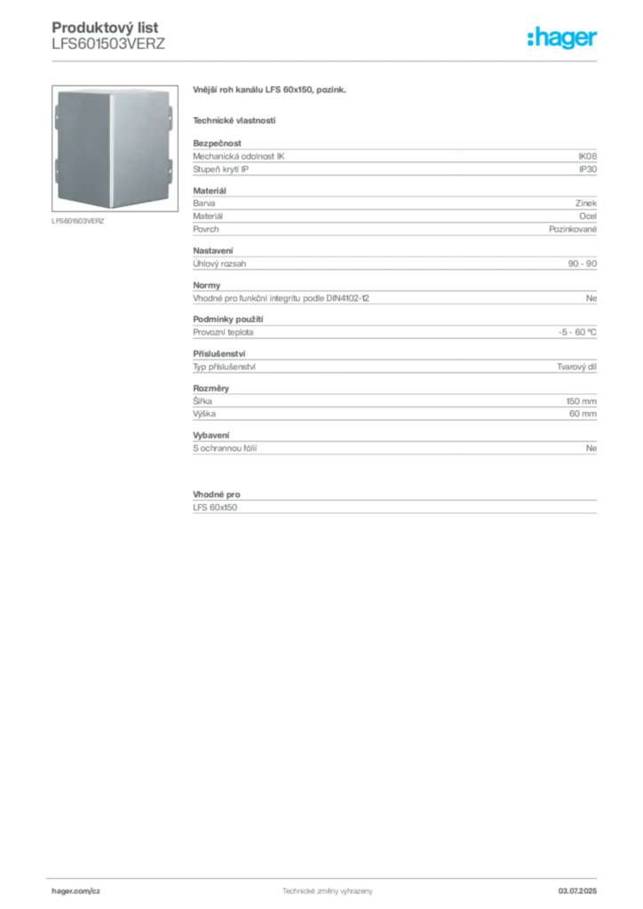 Obrázek Hager Produktový list LFS601503VERZ | Hager