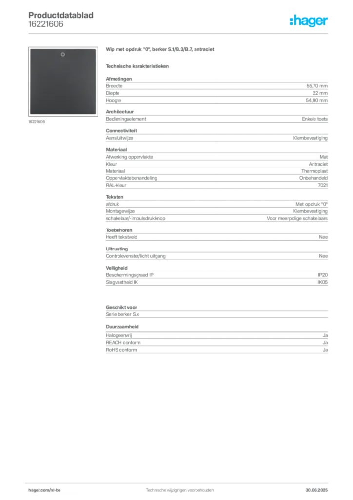 Afbeelding Hager Productdatablad 16221606 | Hager Belgium