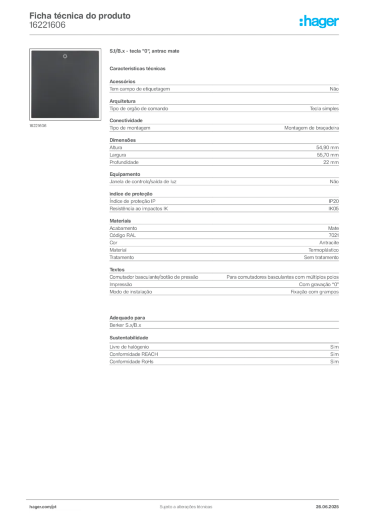 Imagem Hager Ficha técnica do produto 16221606 | Hager Portugal