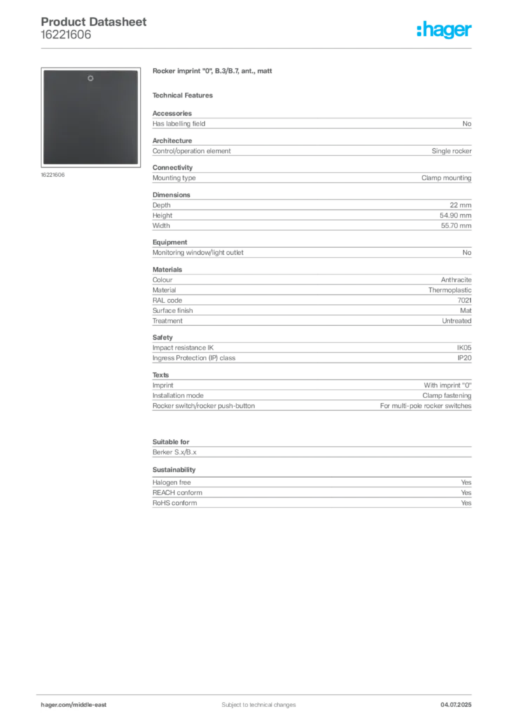 Image Hager Product data sheet 16221606  | Hager
