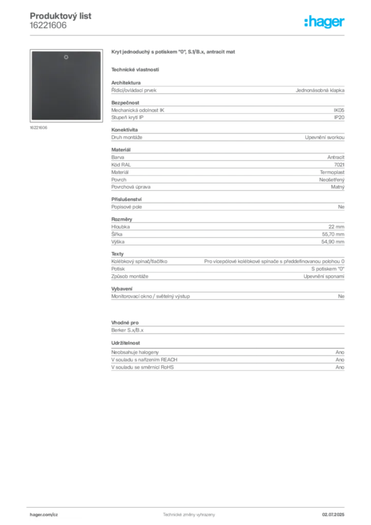 Obrázek Hager Produktový list 16221606 | Hager