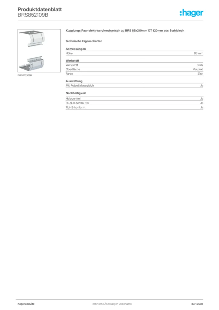 Hager Produktdatenblatt BRS852109B