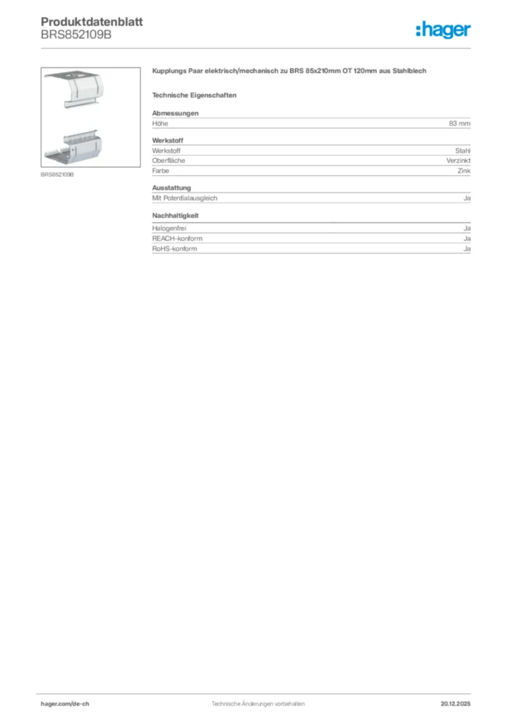 Bild Hager Produktdatenblatt BRS852109B | Hager Schweiz