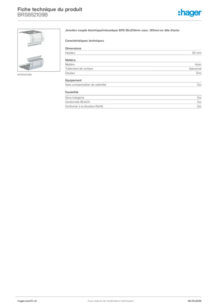 Image Hager Fiche technique du produit BRS852109B | Hager Suisse
