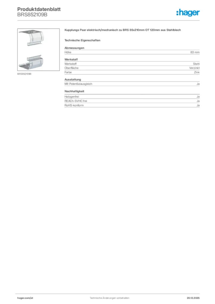 Bild Hager Produktdatenblatt BRS852109B | Hager Deutschland