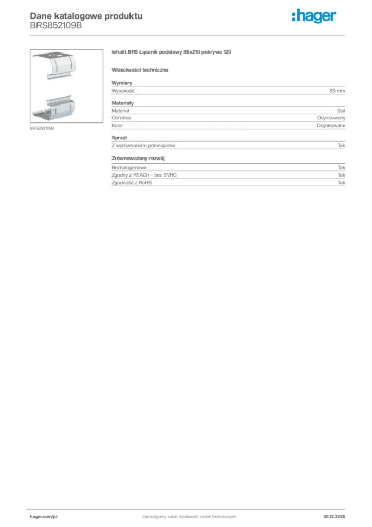 Zdjęcie Hager Karta katalogowa BRS852109B | Hager Polska