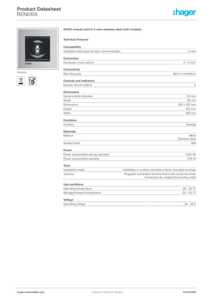 Image Hager Product data sheet REN610X  | Hager