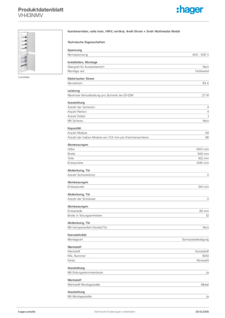 Bild Hager Produktdatenblatt VH43NMV | Hager Deutschland